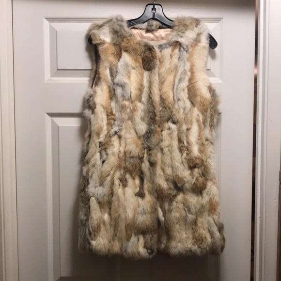 100% Real Fur Rabbit Vest Size S/M White Brown Silk Polyester Inside. Hip length - Picture 4 of 15